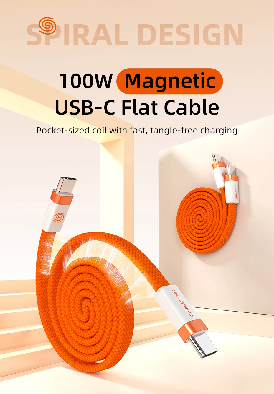 CABLETIME USB-C Kabel Magnetisches Typ-C Kabel PD100W 480Mbps Flachkabel Hochgeschwindigkeitsübertragung für HUAWEI Xiaomi iPhone 17/16 C-Kabel – Detail 1