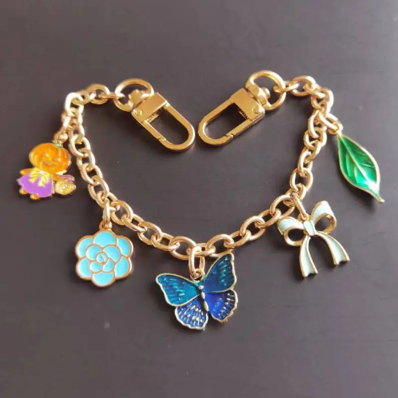 Hand Wrist Strap phone charm lanyard golden Metal bag charm decoration bag extended chain star flower green leaf pendant