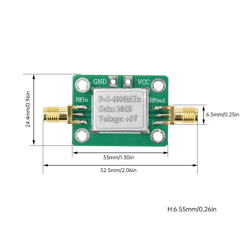 5-6000 ميجا هرتز مضخم للترددات اللاسلكية (RF) وحدة كسب 20dB النطاق العريض RF واسعة النطاق مكبر للصوت المتوسطة مكبر كهربائي LNA مجلس مع قذيفة التدريع