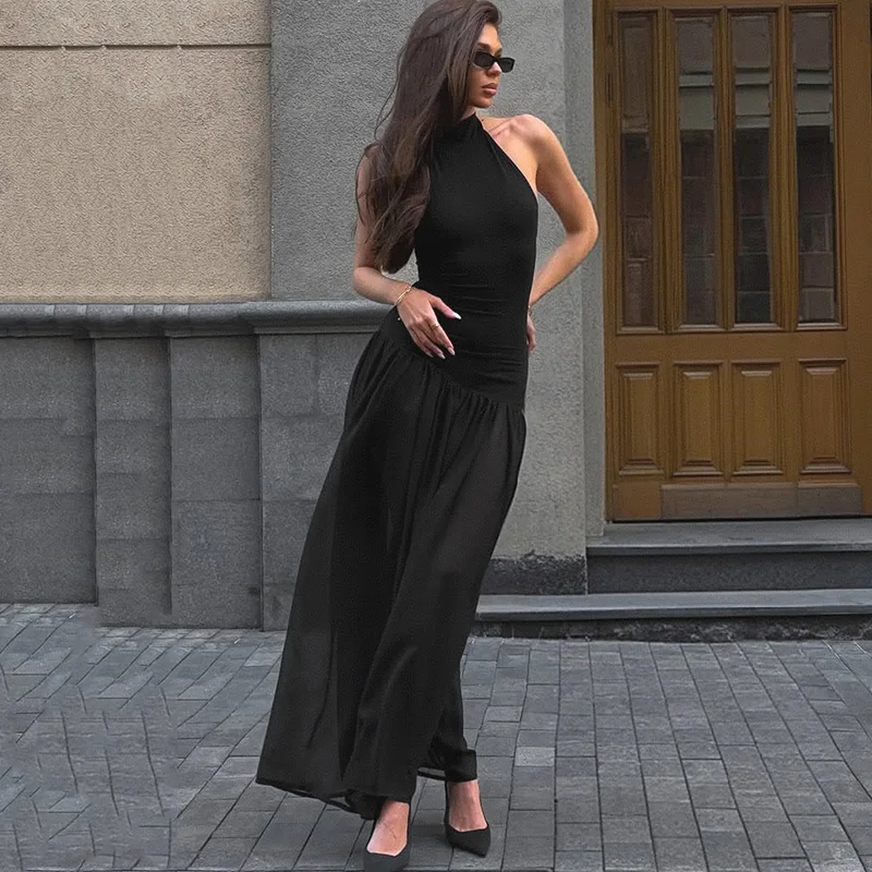 

TARUXY Fashion Splice Halter Maxi Dress For Women Sexy Slim Sleeveless Dress Fashion High Waist Dress Summer Commuting Female