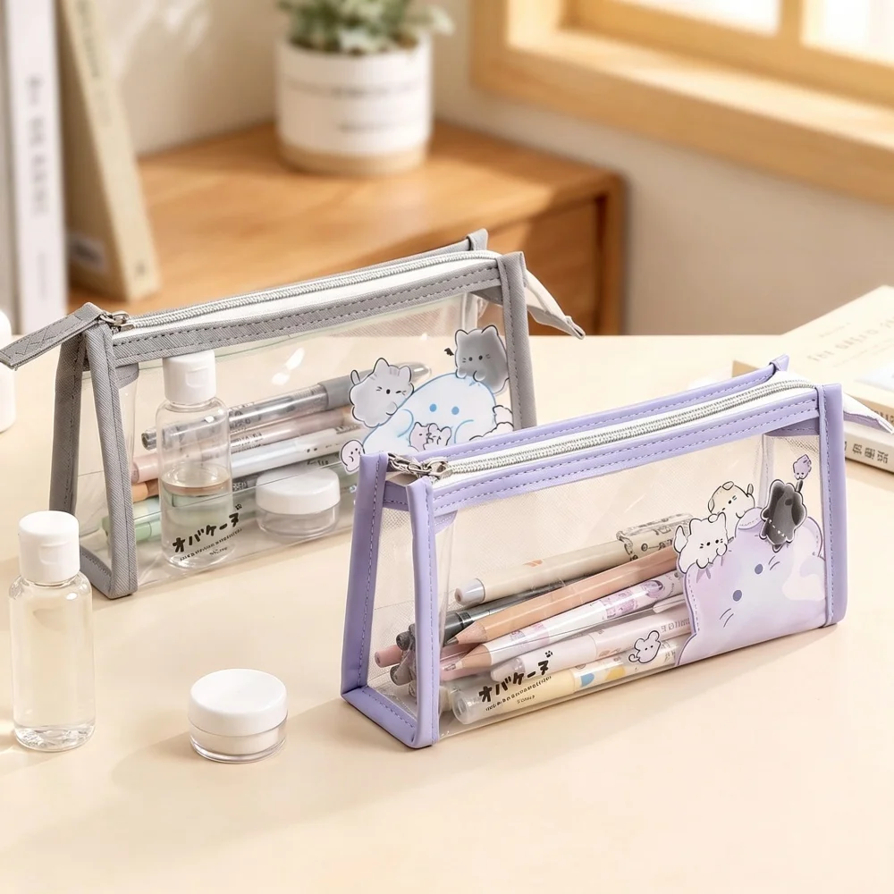 Triangular Pencil Case Cartoon Kawaii Transparent Storage Bag Large Capacity Simple Pen Bags Office Supplies School Stationery