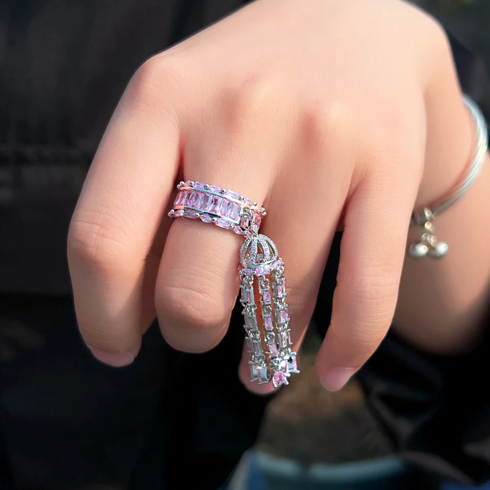 BeaQueen Gorgeous Shiny Pink Cubic Zirconia Trendy Long Tassel Rings for Women Engagement Wedding Jewelry Accessories Gift J0260