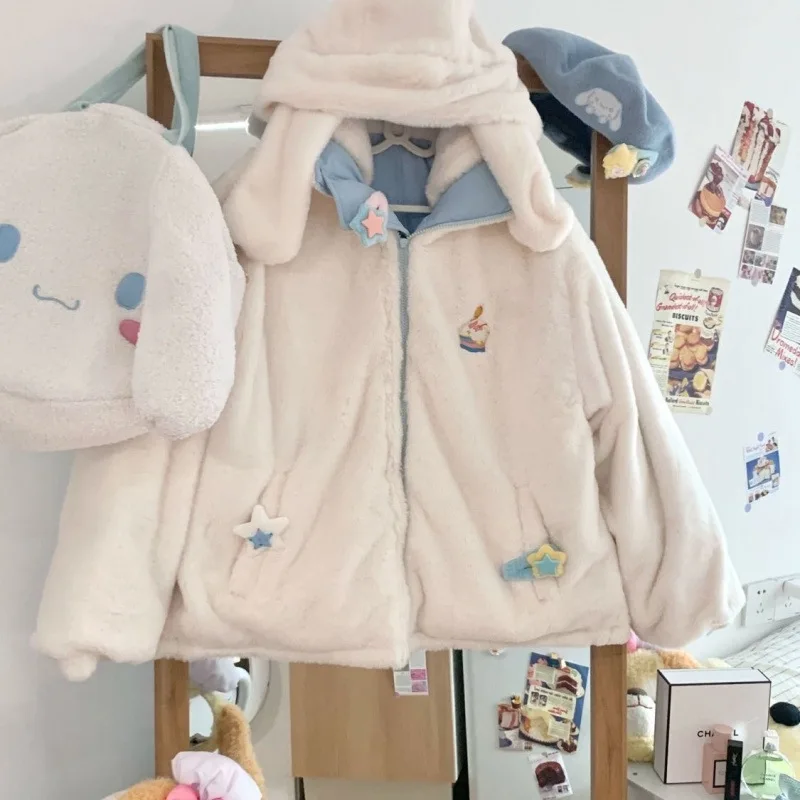 Kawaii Cinnamoroll Hooded Thicken Down Clothes Sanrio Anime Clothse Hello Kitty Pochacco Winter Embroidery Long-sleeves Tops