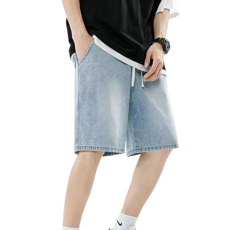 

Japanese Vintage Washing Denim Shorts Men's Summer Loose-Fit Wide-Leg Beach Sports Casual Mid-Length Shorts