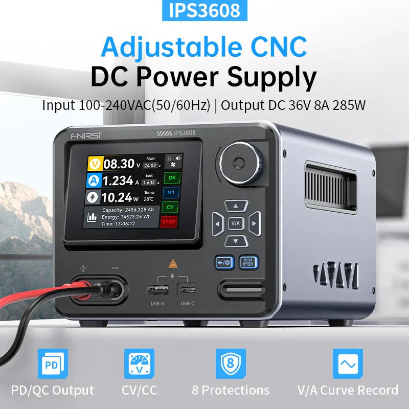 FNIRSI IPS3608 36V 8A 285W Intelligent Tool for Lab and DIY, Curve Display, Type-C & USB-A QC/PD Output, 8 Safety Features