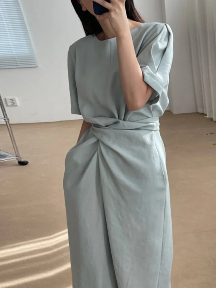 Summer Long Dress Women Irregular Pleated Fashion Short Sleeve Ladies Dresses Korean Style Loose Vestidos Woman Dress