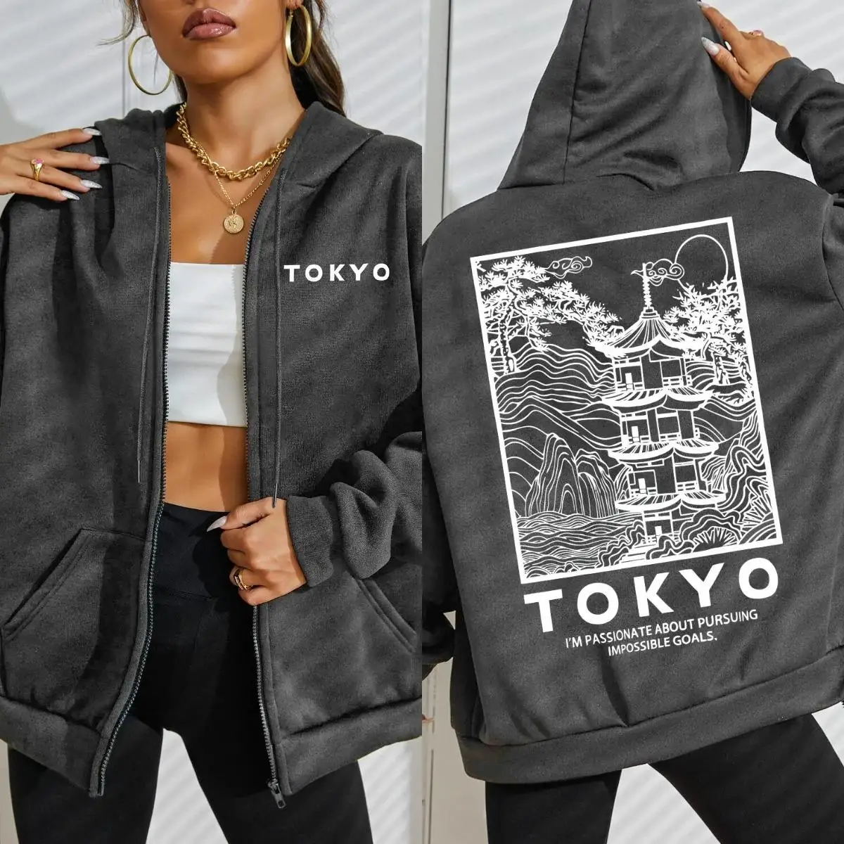 Tokyo Kreatives Gebäude Kirschblüte Brief Design Frauen Zipper Street Hip Hop Hoodie Casual Lose Hoody Herbst Top