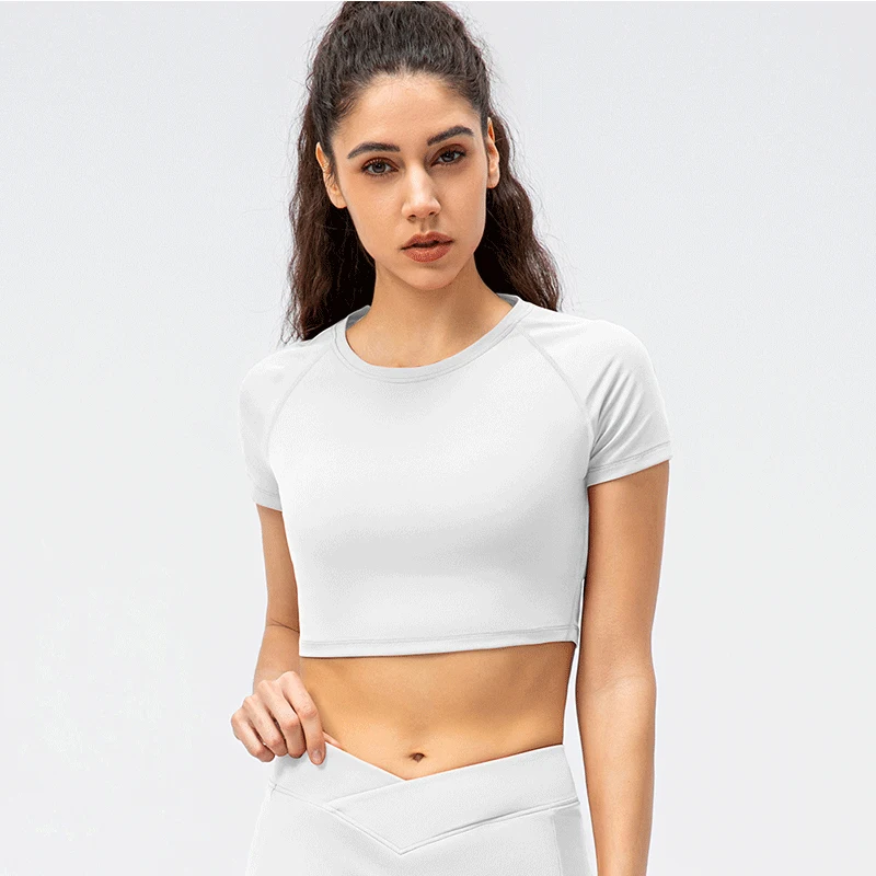 Women Sports Shirts Short Sleeve Quick-Dry Breathable Yoga Tops Gym Workout Crop Tops Fitness Running Sport Cycling Top White