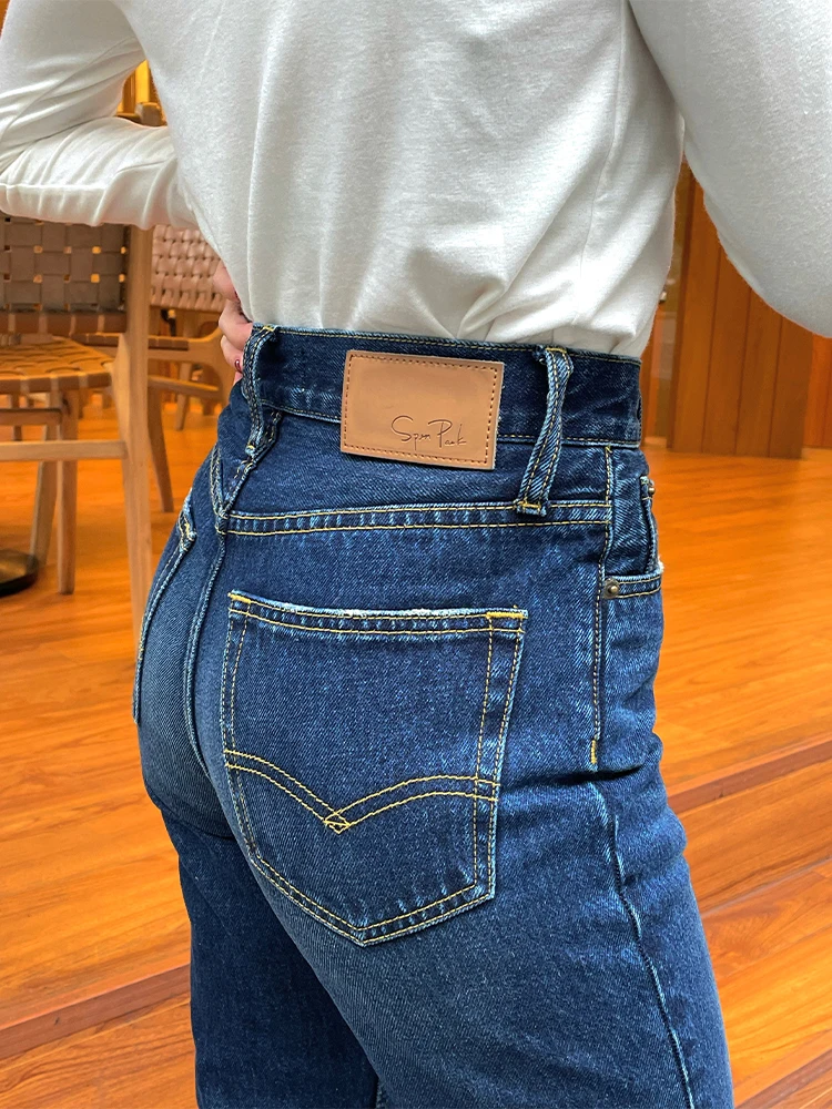 

Темно-синие джинсовые джинсы с высокой талией Thi, прямые облегающие брюки с девятью точками, версия 20, джинсы из смеси хлопка с простым талией