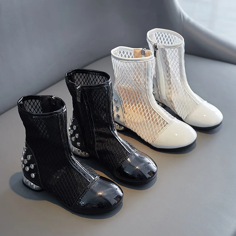 Fashion Cool Boots Summer New Mesh Zip Kids Shoes Korean Princess Ankle Boot Versatile Rivet High Top Sandals Casual Girls Shoes