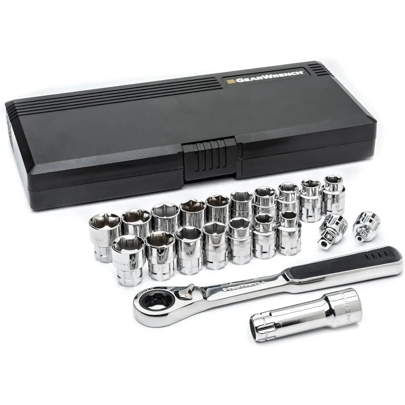 

26pcs 3/8" Drive Pass Thru Socket Set SAE/Metric - Heavy Duty 6 Point Professional Automotive Repair Tool Kit, Mechanic Set