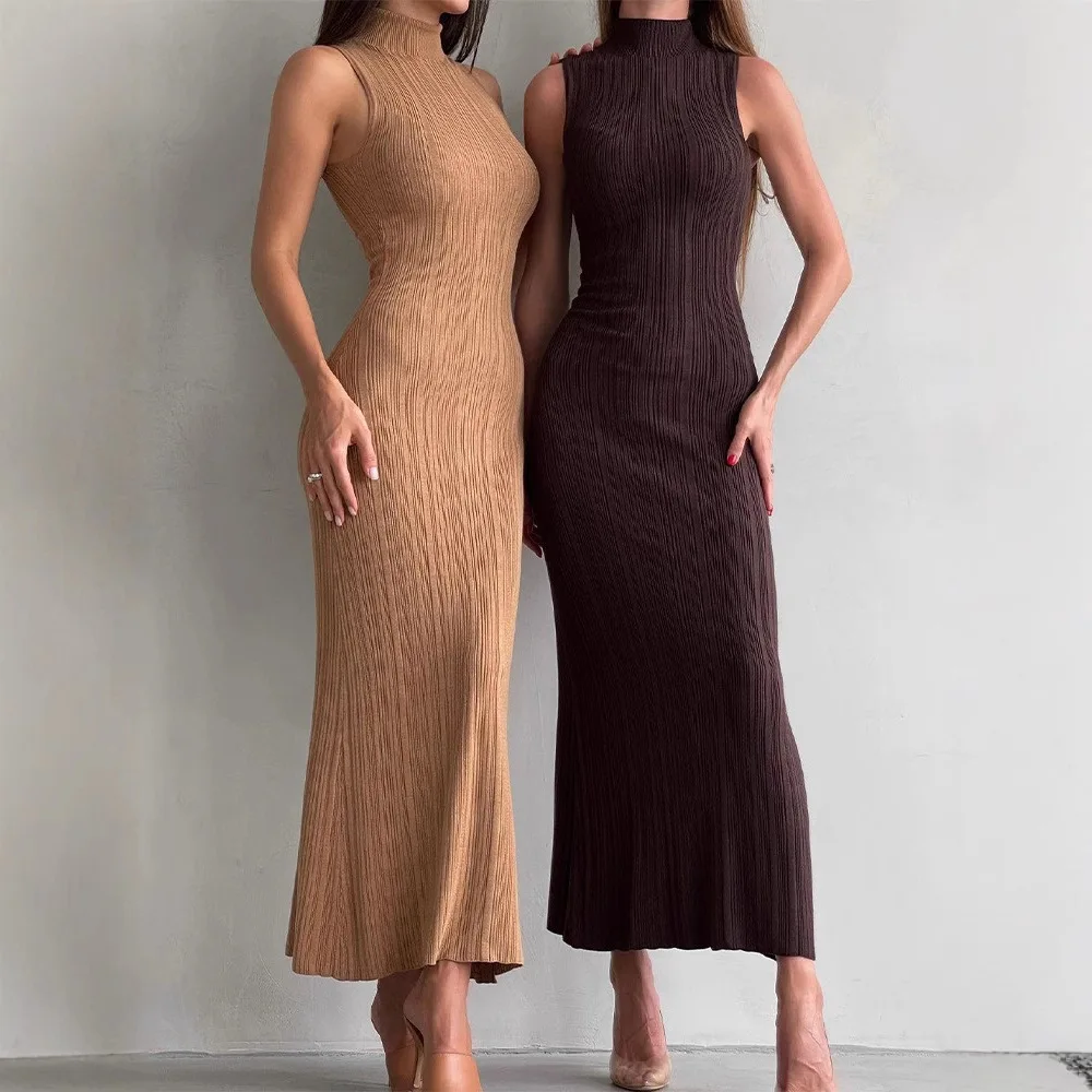 

New in 2025 Spring Summer! Women's French Knitted Turtleneck Sleeveless Bodycon Dress Mid Length for European