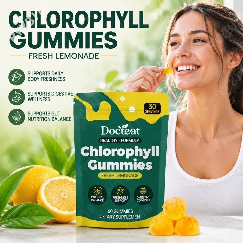 Docteat Chlorophyll Gummies 500mg with B6, B12, Zinc & Vitamin C for Internal Freshness & Digestive Wellness Lemonade 60 Gummies