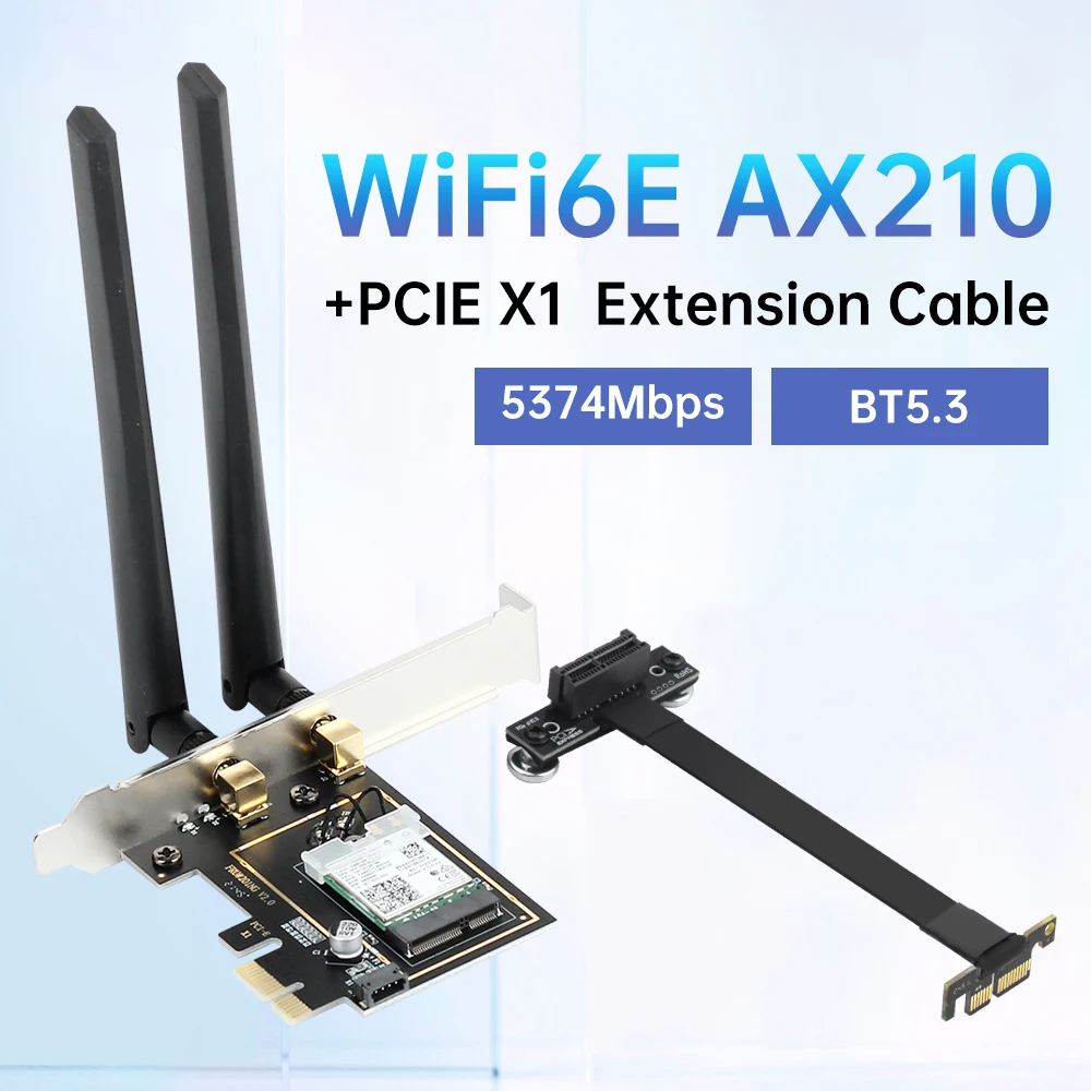 WiFi 6E AX210 PCIE Wireless Adapter BT 5.3 Tri Band 802.11ax 5374Mbps With PCIE 3.0 Extension Cable 10cm For PC Win 10/11