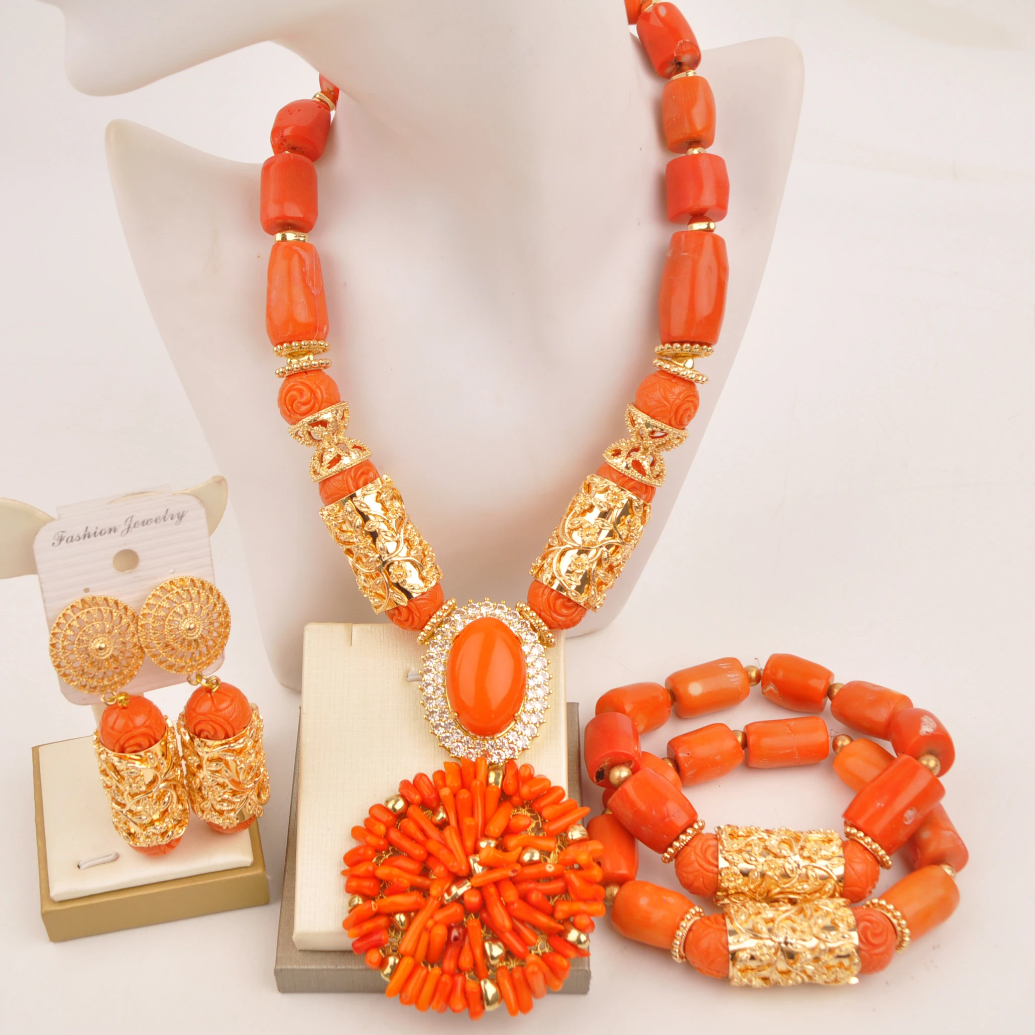 

Nigerian African Wedding Bridal Jewelry Orange Coral Bead Jewelry Set for Women