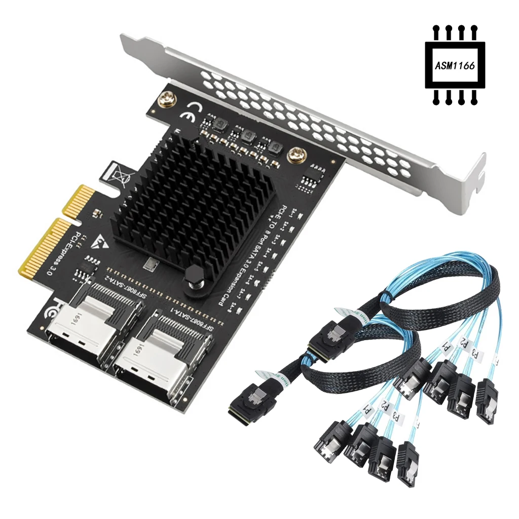 Cartão de Expansão para Sata Adaptador Chip Pcie para Sff8087 Mini Sas Port Sata 3.0 para Controlador Pcie3.0 para Sff8087 Asm1166