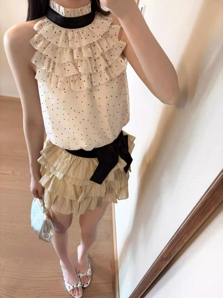 

Sweet French Style 2 Piece Sets Women Y2k Polka Dot Print Halter Chiffon Tops + High Waist Cake Skirt New Summer Elegant Outfits