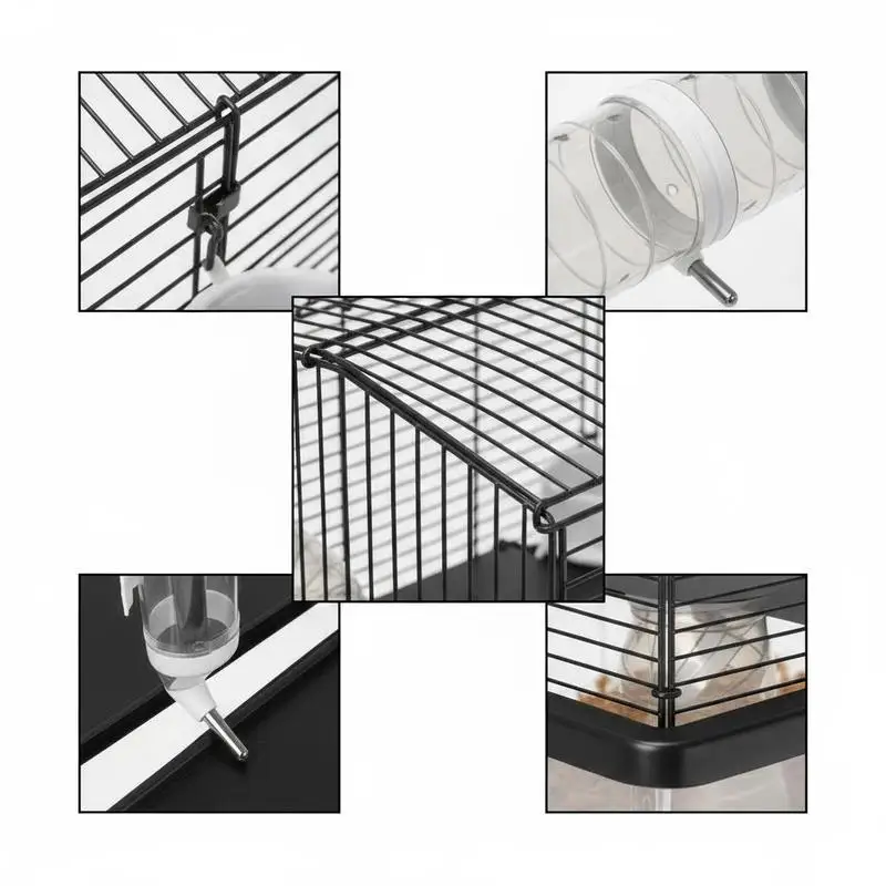 Grande cage à hamster multi-niveaux avec tunnels et accessoires d'escalade, 58x43x57cm, habitat noir pour petits animaux domestiques, pour usage intérieur, adapté aux hamsters syriens et aux gerbilles