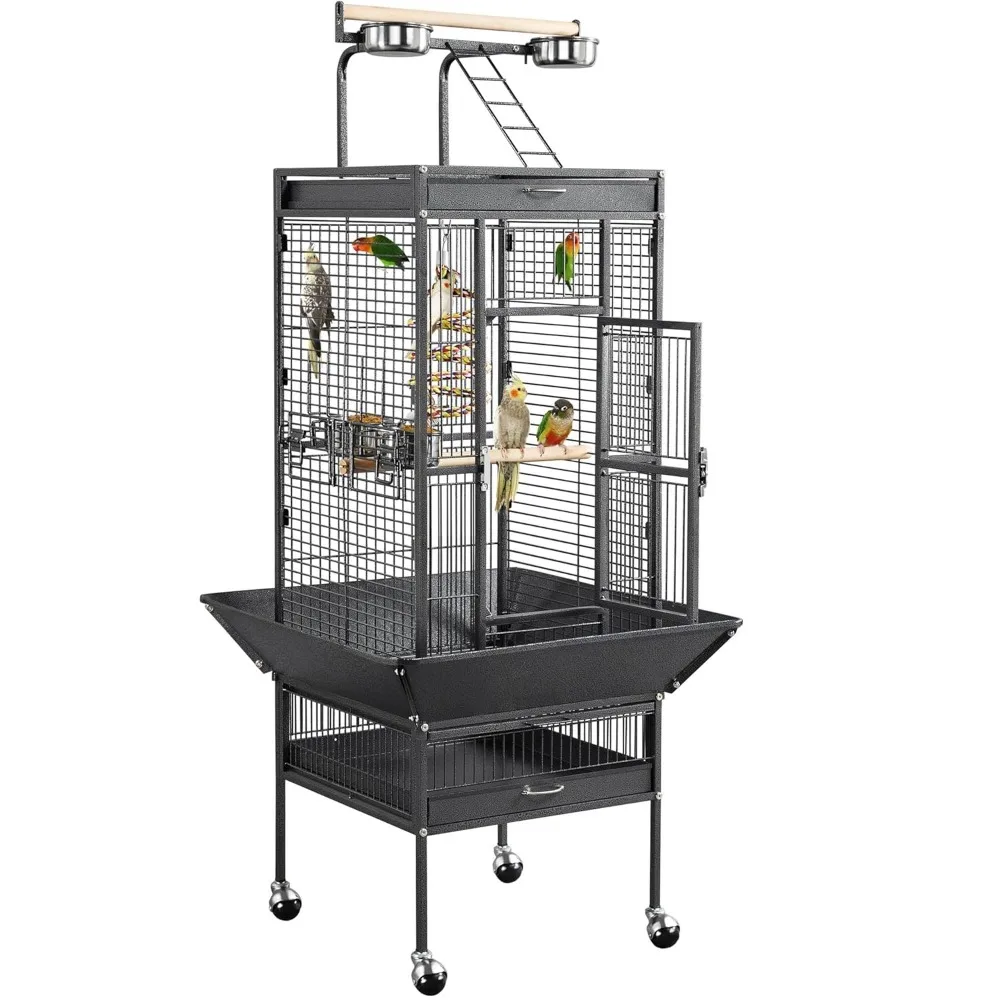 

61-inch Playtop Wrought Iron Large Parrot Bird Cages with Rolling Stand for Cockatiels Amazon Parrot Quaker Conure Parakeet