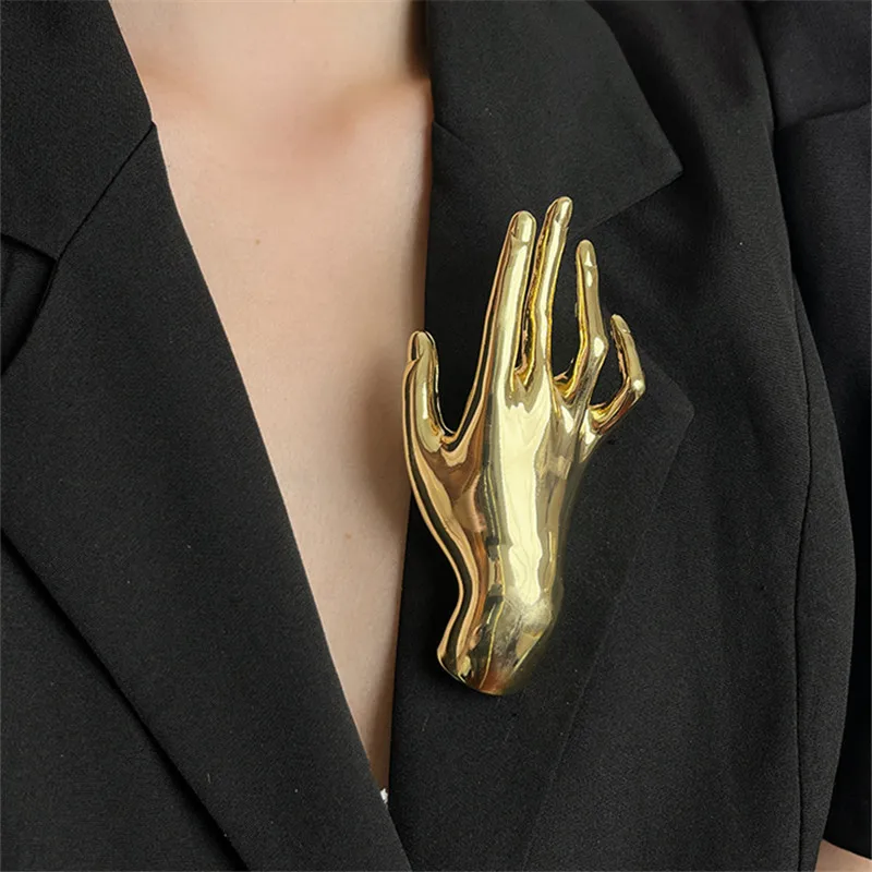 Hyperbole Metal Smooth Palm Hand Shape Large Broochs For Women Men Punk Unique Creative Suit Pin Party Jewelry