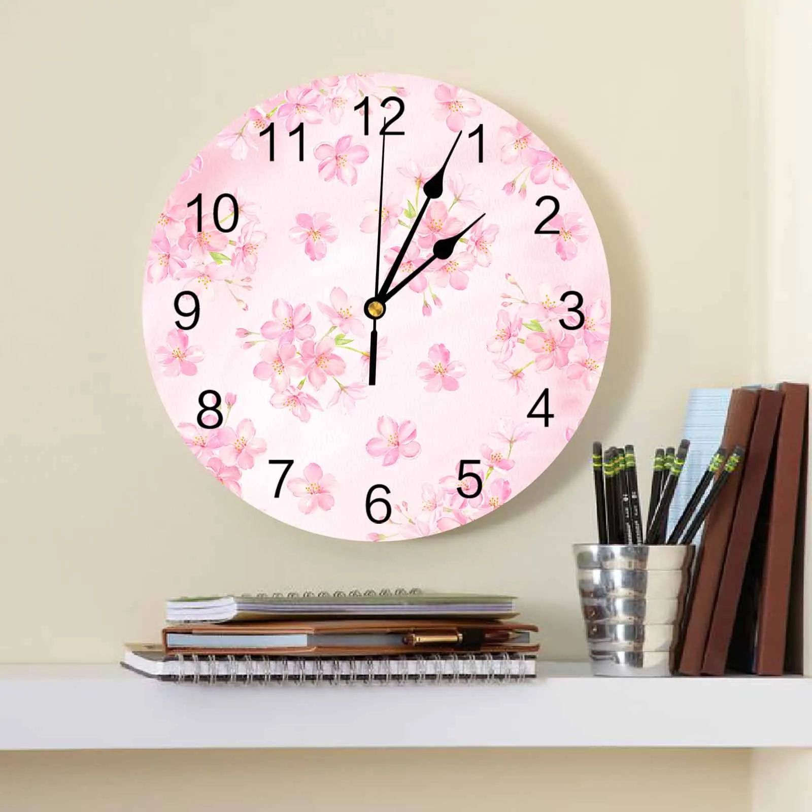 Watercolor Cherry Blossom Flower Wall Clock Large Modern Kitchen Dinning Round Wall Clocks Bedroom Silent Hanging Watch