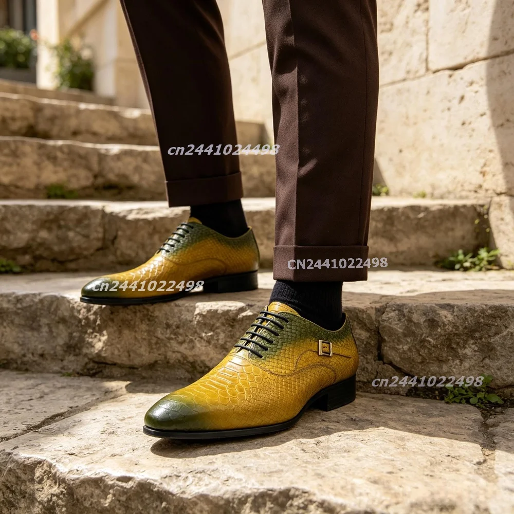 Men's Gradient Snake Print Monk Strap Shoes Yellow Green Red Black Patent Leather Single Buckle Low Heel Elegant  Formal Shoes