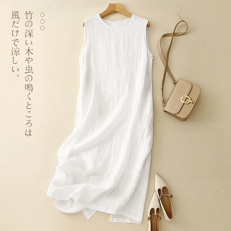 Japan Style Mori Girl Solid Color White Cotton Linen Tank Dress Women Summer O-Neck Sleeveless Casual Loose Vest Midi Dresses