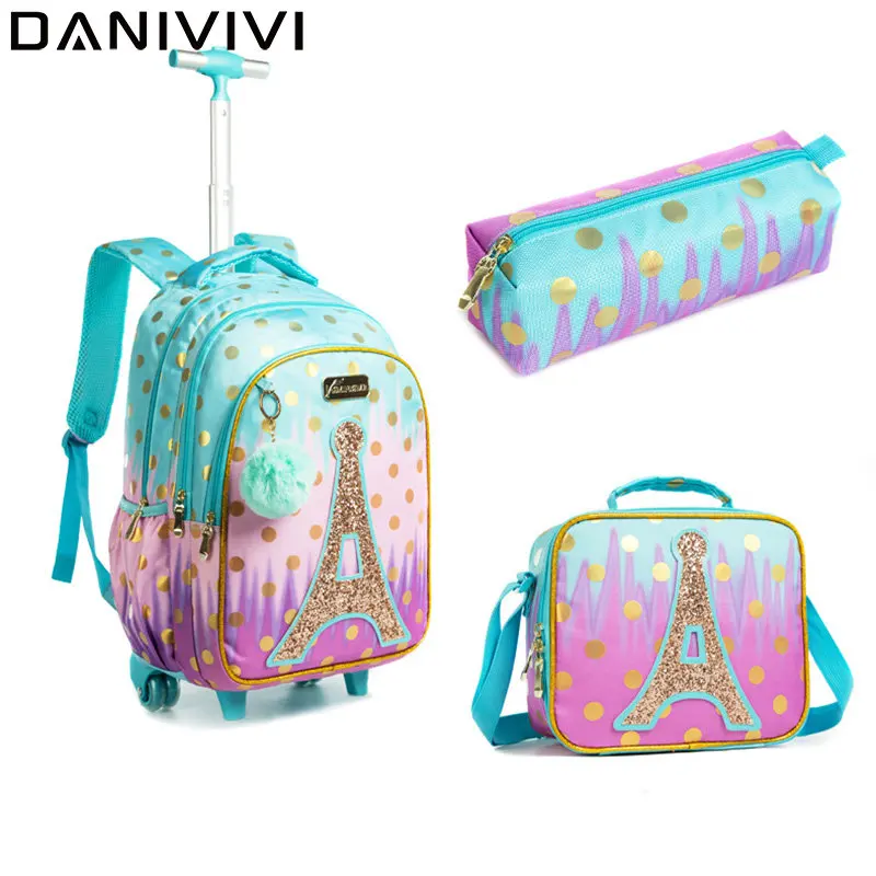 

3 IN 1 School Children's Backpack with Wheels Kids Wheeled School Bag Teenagers Girls Canvas Backpack Travel Trolley Bags