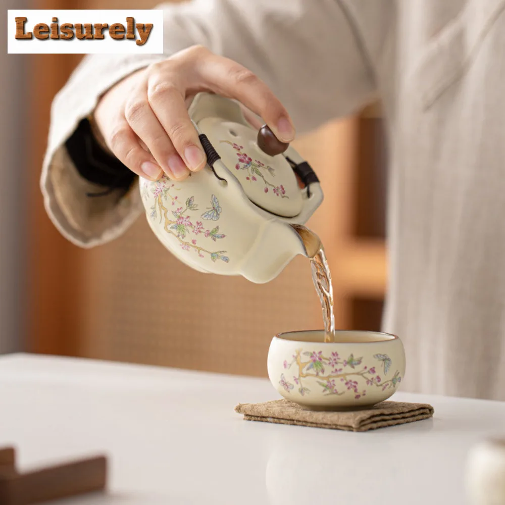 Exquisite Wisteria Flower Ru Kiln Hand Grab Teapot Zen 1 Pot 2 Cups Kit Tea Brewing Kettle Kung Fu Tea Tableware Accessories