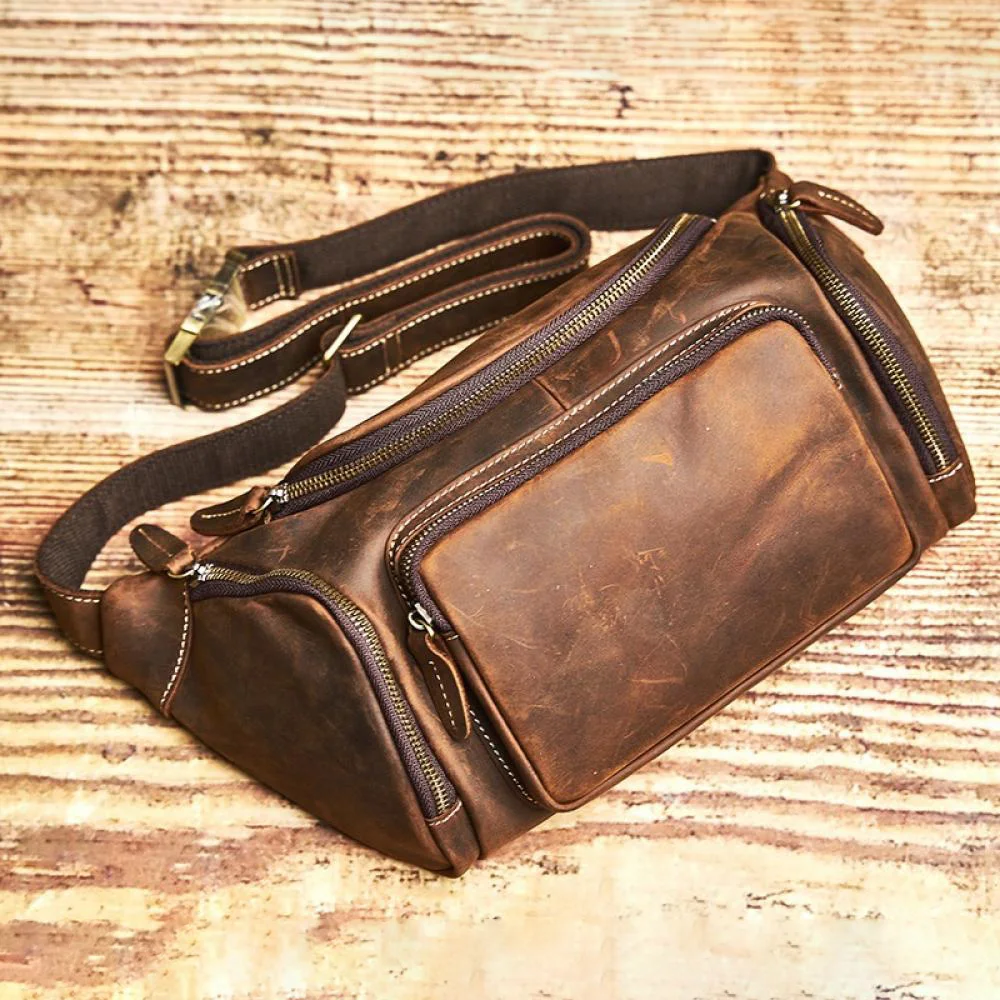 Nupugoo Leder Hüft tasche Herren Retro Cross body lässige Brusttasche multifunktion ale verrückte Pferd Ledertasche – Detail 4