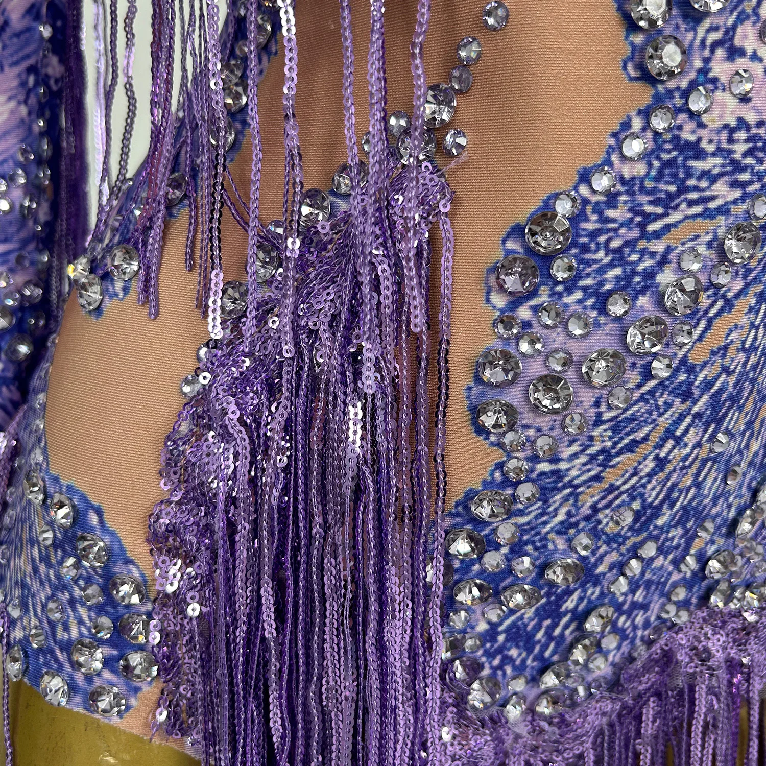 Sexy One Sleeved Leotard Latin Pole Dance Performance Costume Purple Sequins Tassel Bodysuit Nightclub Bar Party Dress Duxiu