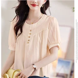 Summer Women's Solid Cream Neck Short Sleeve Loose Thin Classic Korean Pullers Button Fashion Casual All Match Commute Tops