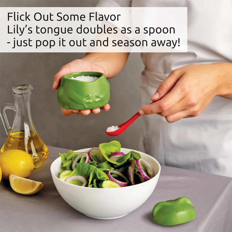 Cute Frog Spice Jar with Tongue Spoon Funny 3D Printed Salt Cellar Small Desktop Storage Container Kitchen Counter Decor Gift