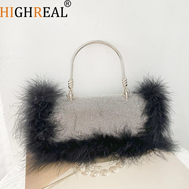 Moda avestruz pele sintética pena sacola senhoras brilhante diamante jantar festa casamento sacola