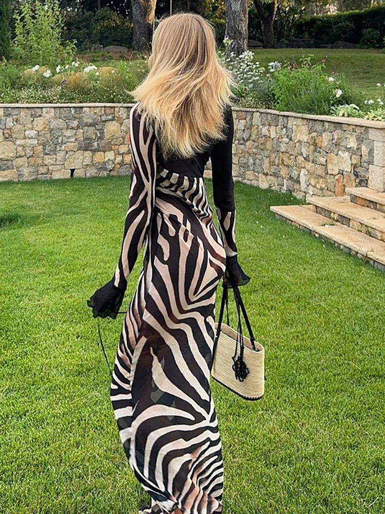 JULISSA MO Patchwork Zebra Stripes Maxi Dress For Women Long Sleeve V-neck Evening Dress Female Autumn Loose Party Clubwear 2024