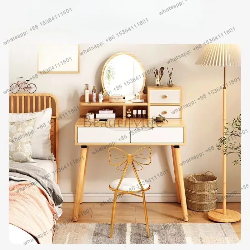 YJ Vanity Desk Makeup Table Dressing Table With 2 Drawer Chest, Makeup Dressing Table Stool Wooden Vanity Set Round Mirror