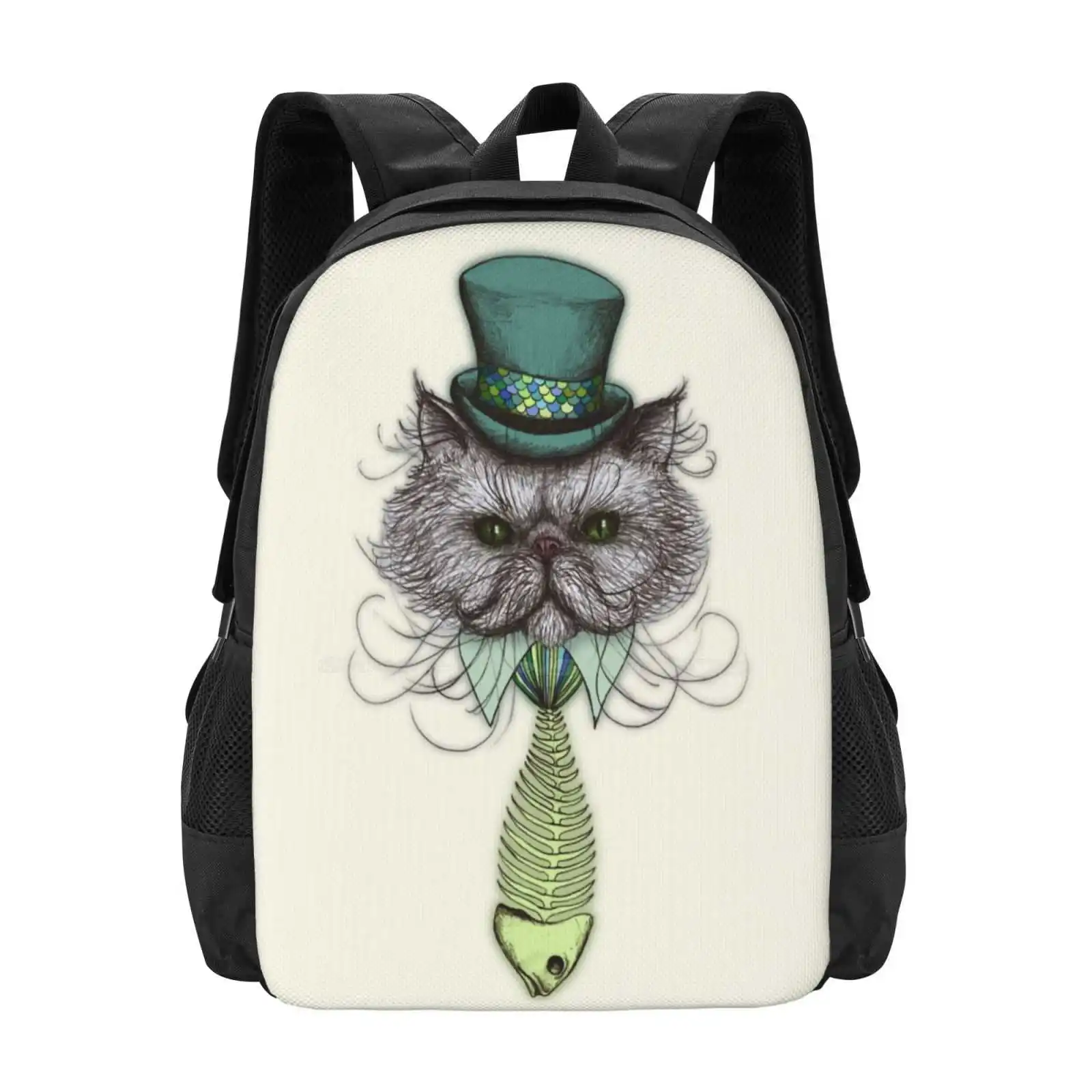 Not Your Average Cat Hot Sale Schoolbag Backpack Fashion Bags Cat Kitty Persian Fluffy Cute Gentleman Top Hat Tie Fish Bone