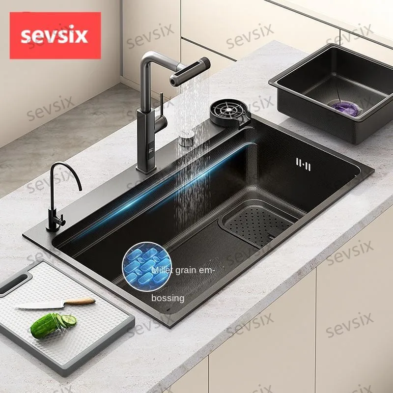 

Hot selling Stainless Steel Waterfall Kitchen Sink With Knife Holder Digital Display Faucet Set Embossed Extra Large Single Slot