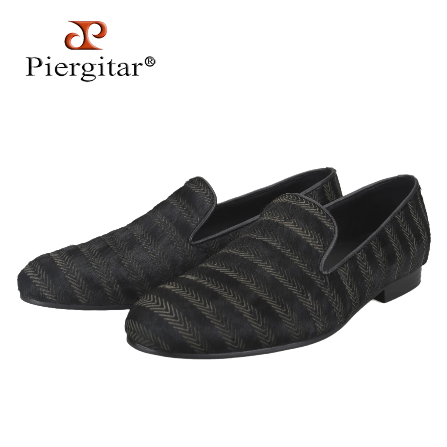 Piergitar Classic Style Handmade Black Knife Cut Pattern Horsehair Slip-On Loafers Leisure And Trendy Model Men's Smoking Shoes