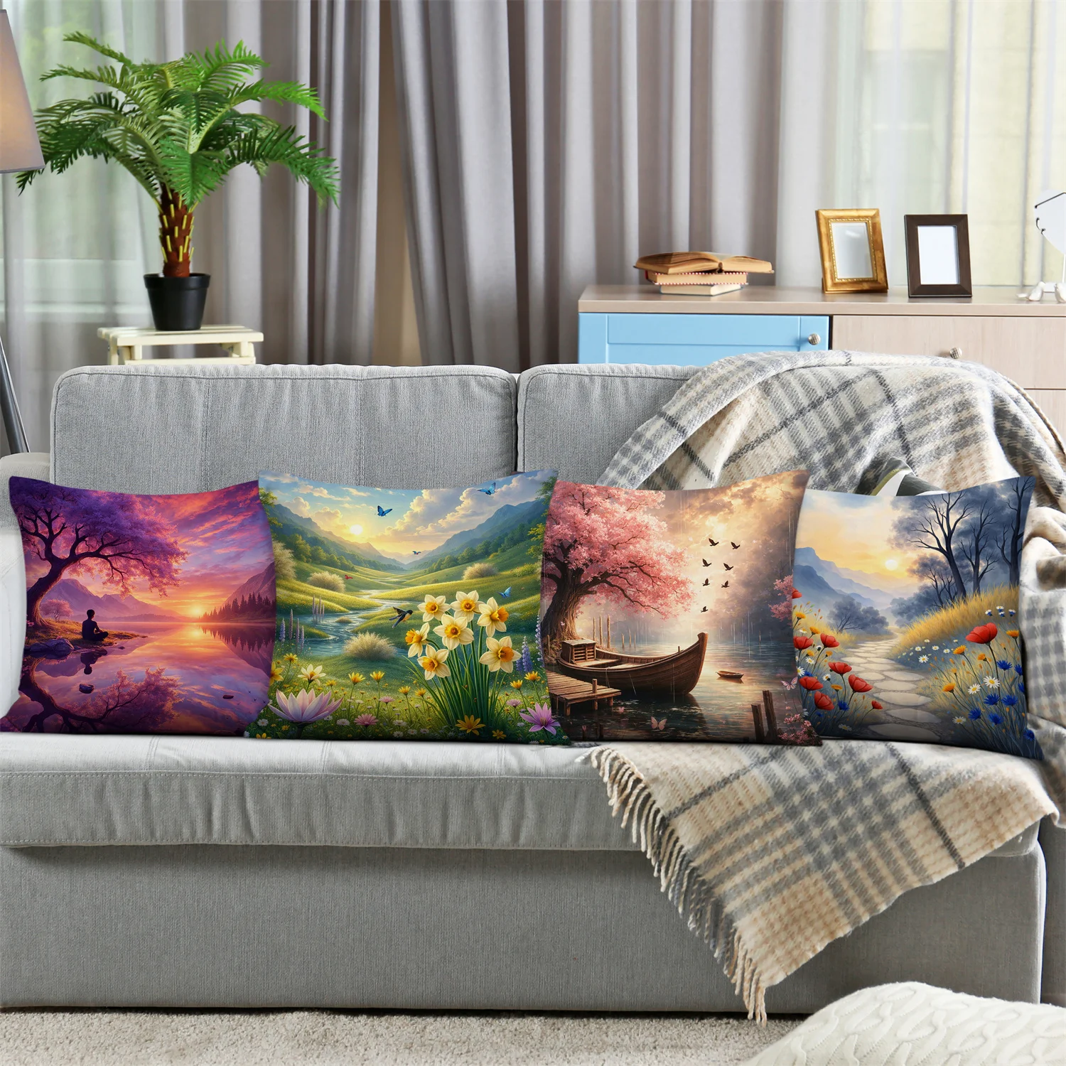 Cherry Blossom Stream Theme digital printing pillow cover Short plush Suitable living rooms bedrooms sofas throw cushion cover