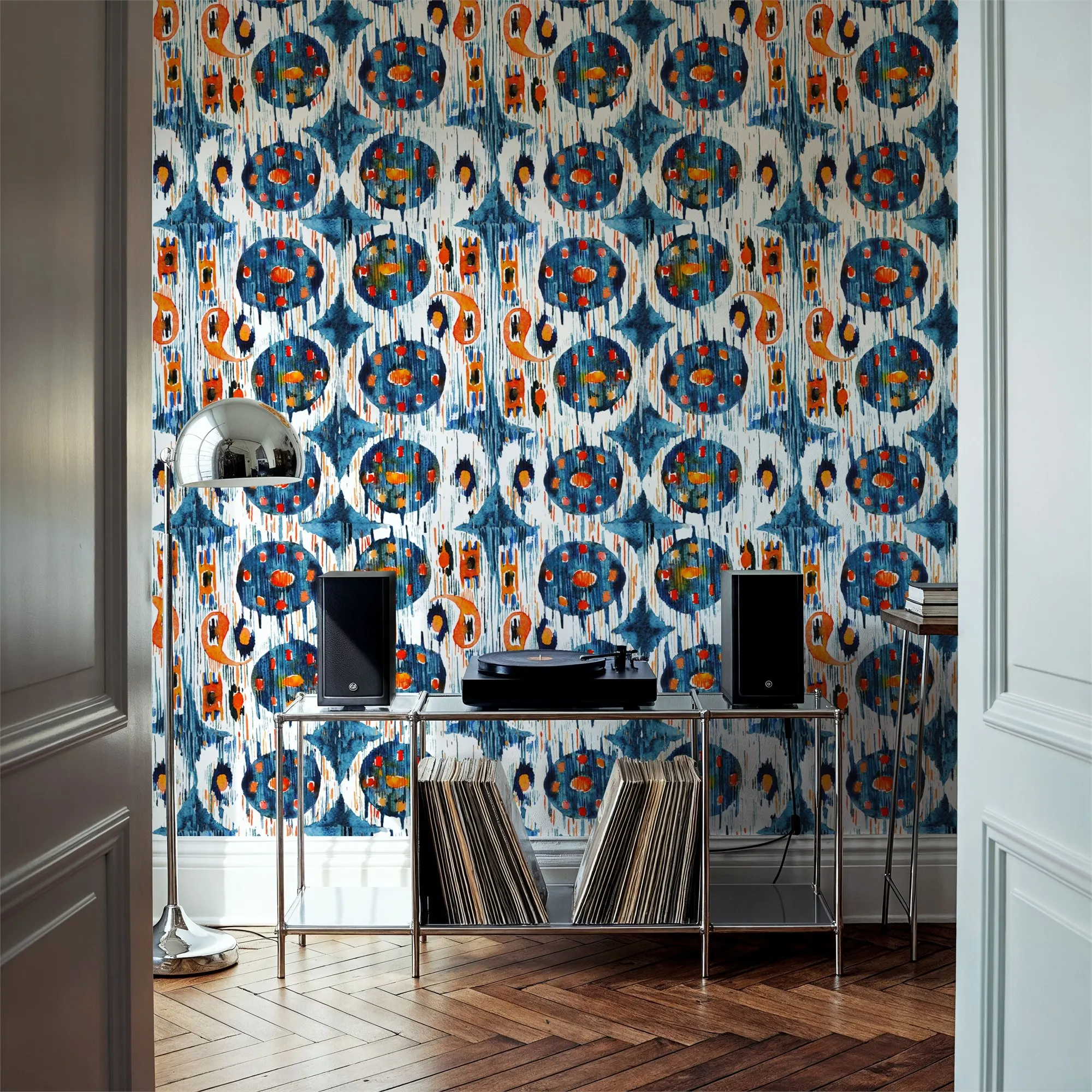 Ikat Woven Fabric - Niestandardowy niebieski okrągły ikatowy duży samoprzylepny