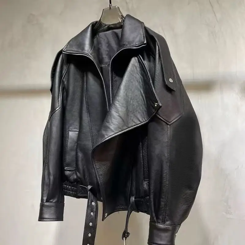 

Женская кожаная куртка большого размера из овечьей кожи, свободная верхняя одежда в мотоциклетном стиле, ранняя осень, простой дизайн, элитная новинка, горячая распродажа