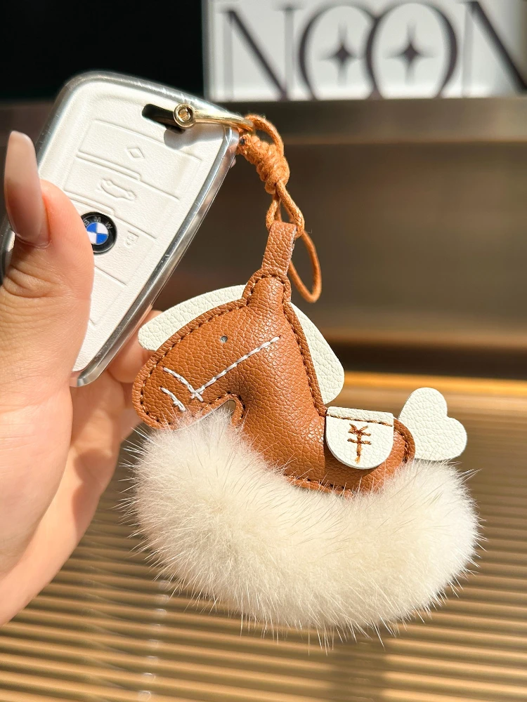 Lucky Zodiac Horse Keychain Real Natural Mink Fur Pom Pom Bag Pendant Genuine Leather Wealth Sign Car Key Ring Gift For Women