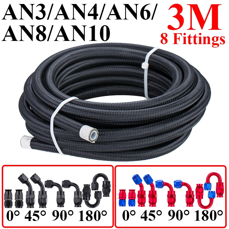 

3M/9.8FT AN3 AN4 AN6 AN8 AN10 E85 Nylon PTFE Fuel Hose Oil Gas Cooler Line Pipe Tube 0 45 90 180 Degree Swivel Hose End Fittings