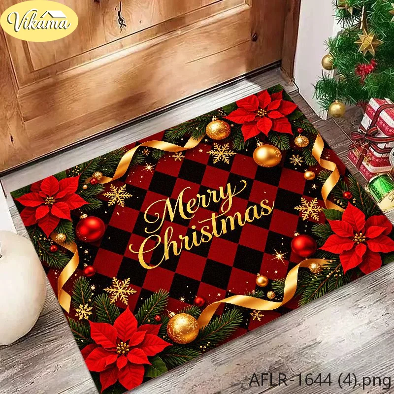 VIKAMA Christmas Welcome Doormat Christmas Ball Pine Branch Print Non-Slip Absorbent Entryway Mat, Xmas New Year 2026 Home Decor