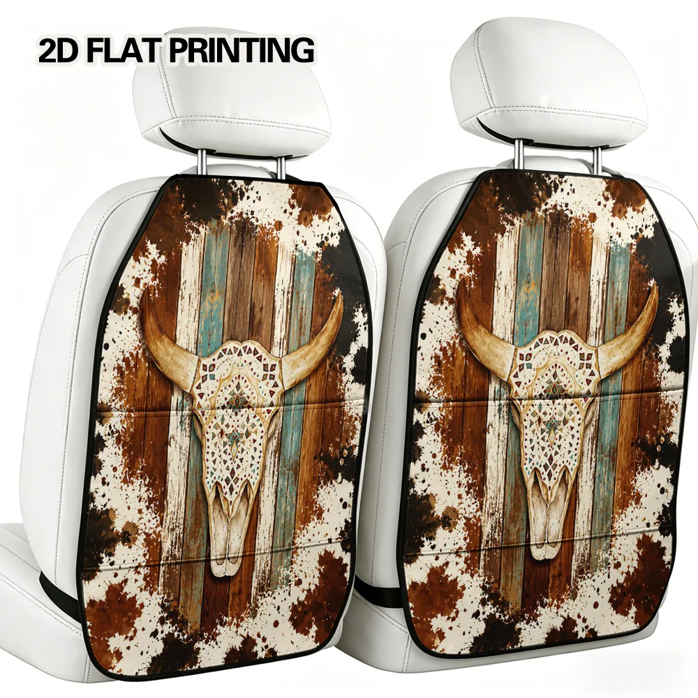 2D Flat, 2pcs Elastic Band Fixed Storage Bag Car Kick Mats With Organizer Bohemian Bull Skull Art Patterned Backseat Organizer G