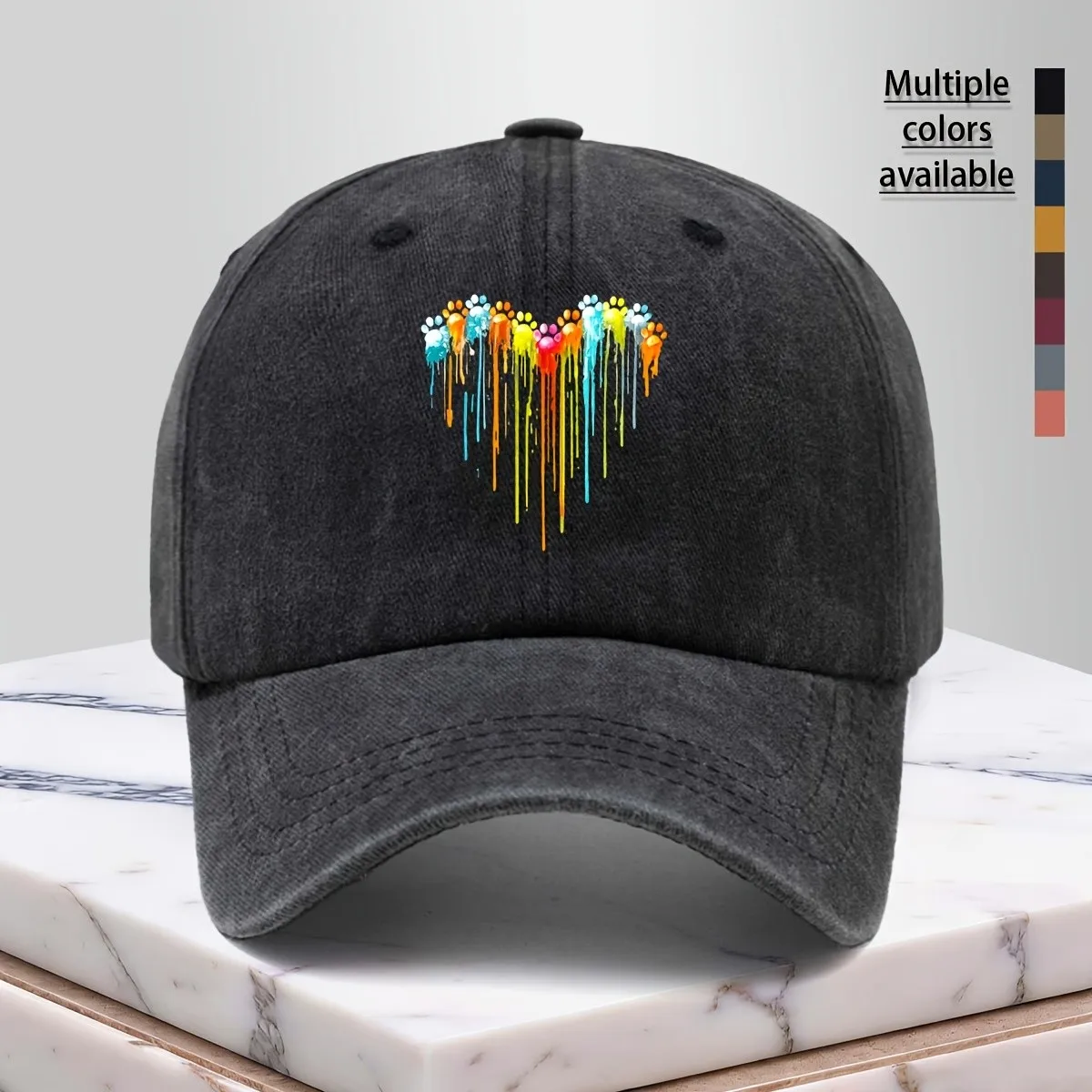 Dripping Paw Print Heart Baseball Cap Vintage Washed Cotton Adjustable Trucker Hat Unisex Outdoor