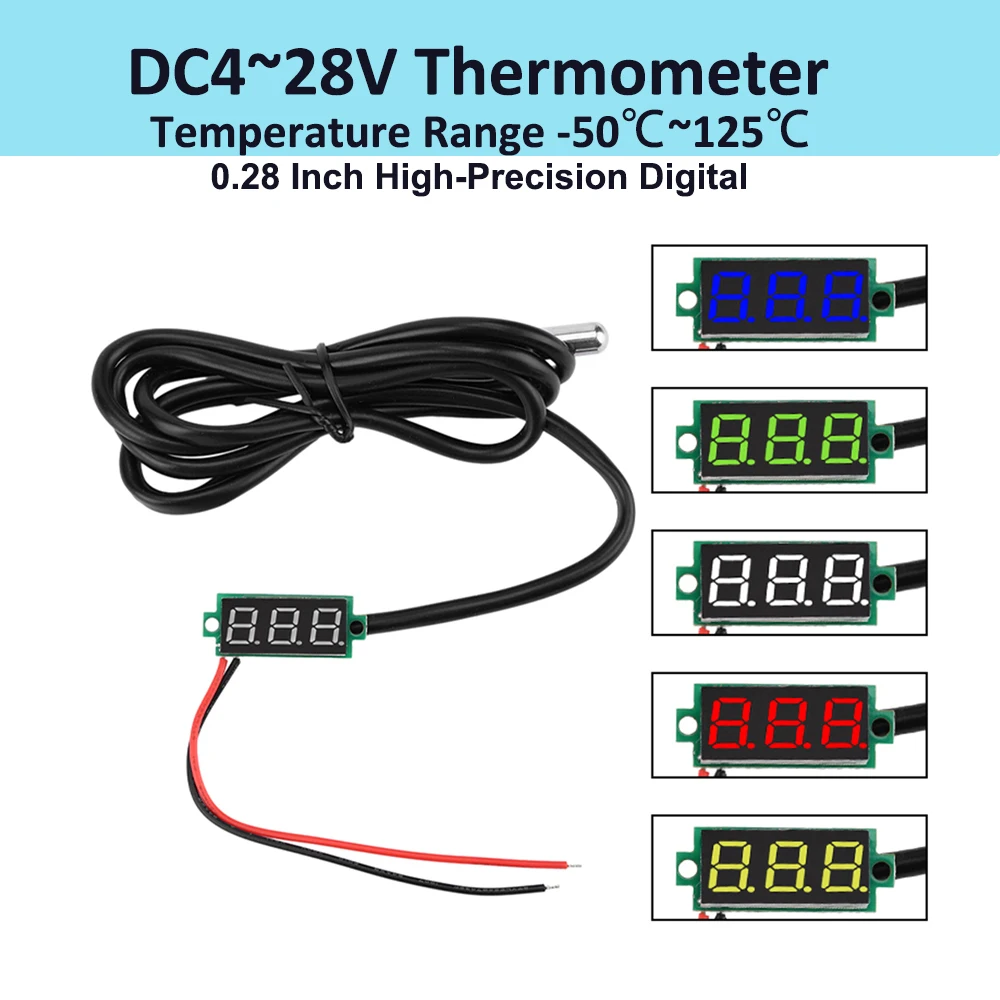 

-50℃~125℃ Thermometer 0.28 Inches DC4~28V Temperature Test Detector High Precision Digital DS18B20 Waterproof Metal Probe