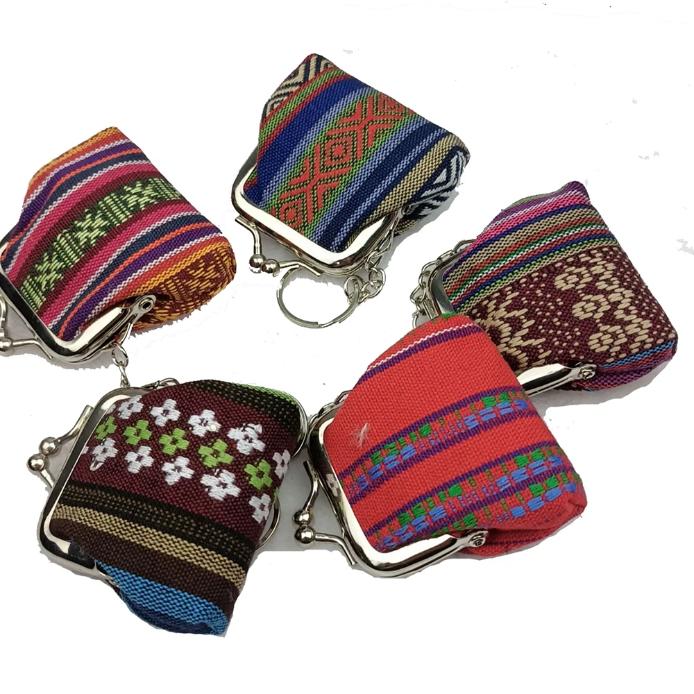 12pcs Short Coin Purse Retro Women Canvas National Embroidery Hasp  Clutch Bag Mix Color 2inch