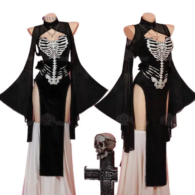 Robe gothique foncée avec poème squelette, Costume de Cosplay d'halloween, robe noire Sexy, uniforme de collier, vêtements de fête de carnaval de noël